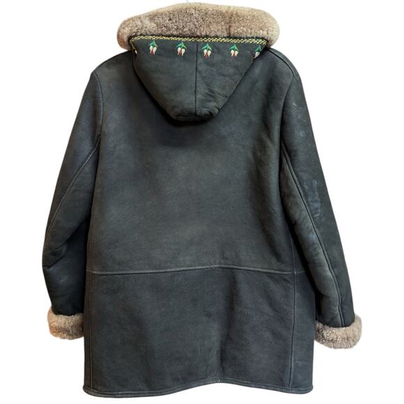 Vintage Shearling Hooded Coat Embroidered Tulips 70s Boho Suede Sherpa Jacket L - Picture 4 of 5